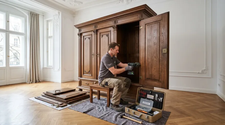 Möbel entsorgen in Köln – Kitschkönig Mitarbeiter mit Holzschrank beim Abtransport